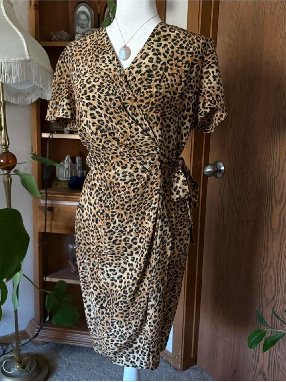 Maggy London Leopard-Print Wrap Midi Dress in Tan and Black